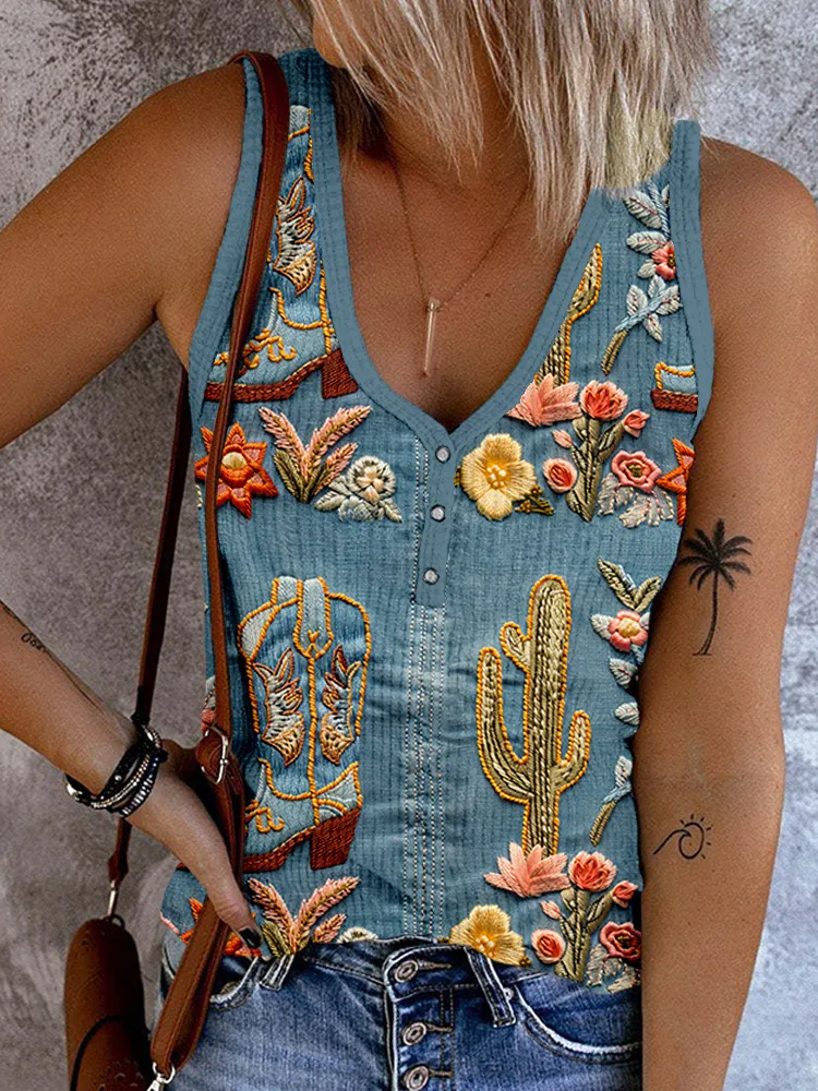 Western Cowboy Boots Embroidered Button Up Tank Top