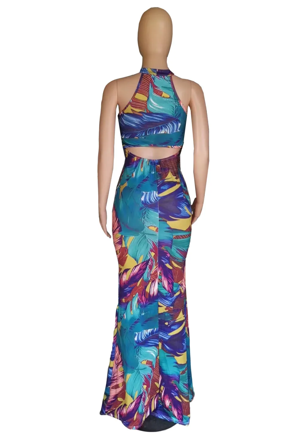 Women Summer Feather Print Hollow Sleeveless Dress