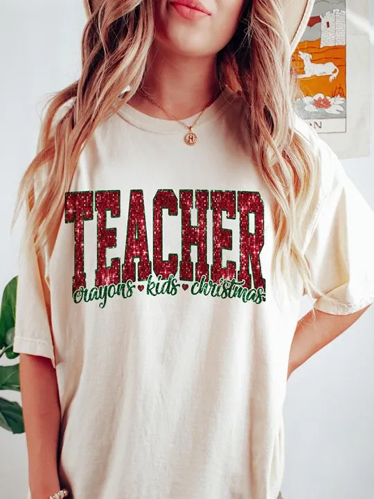 Christmas TEACHER Women's fashion crew neck short sleeve T-shirt