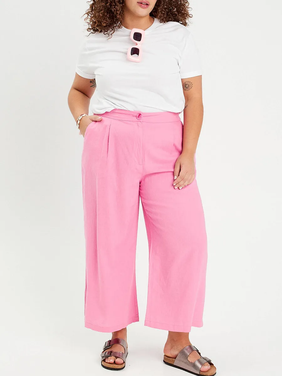 Pantalon large 55% de lin avec pinces rose femme