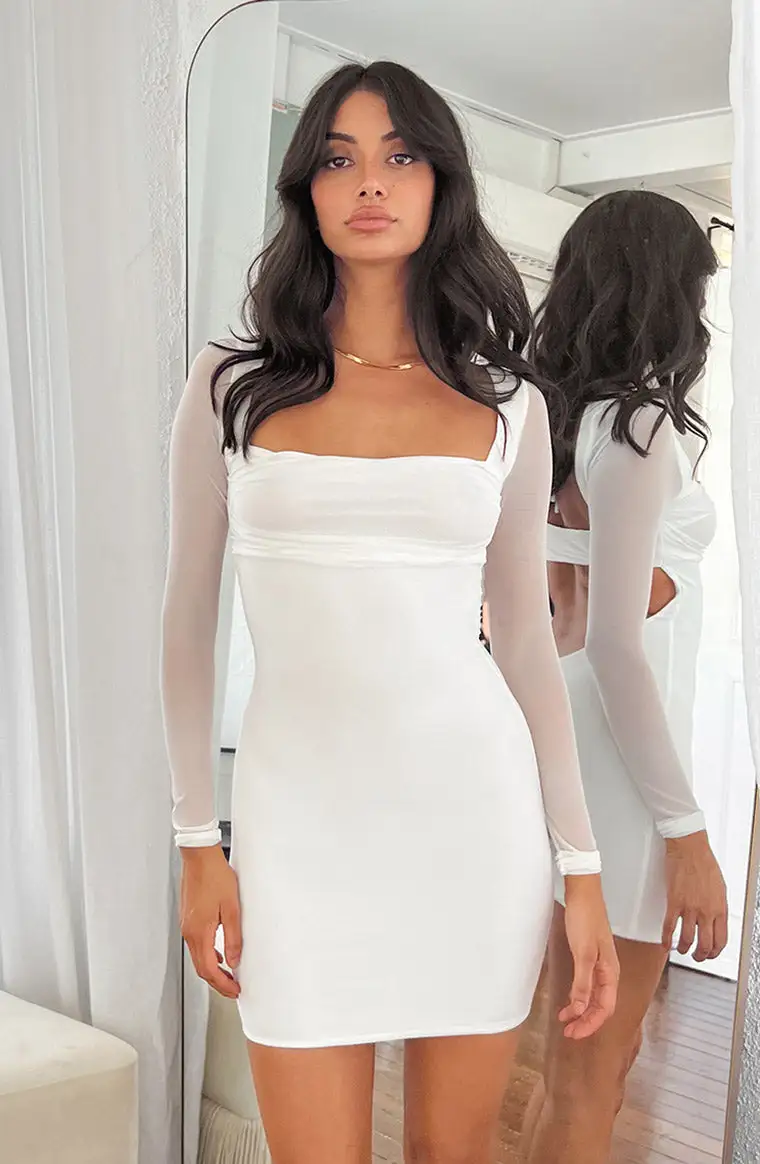 Leyna White Mesh Long Sleeve Dress