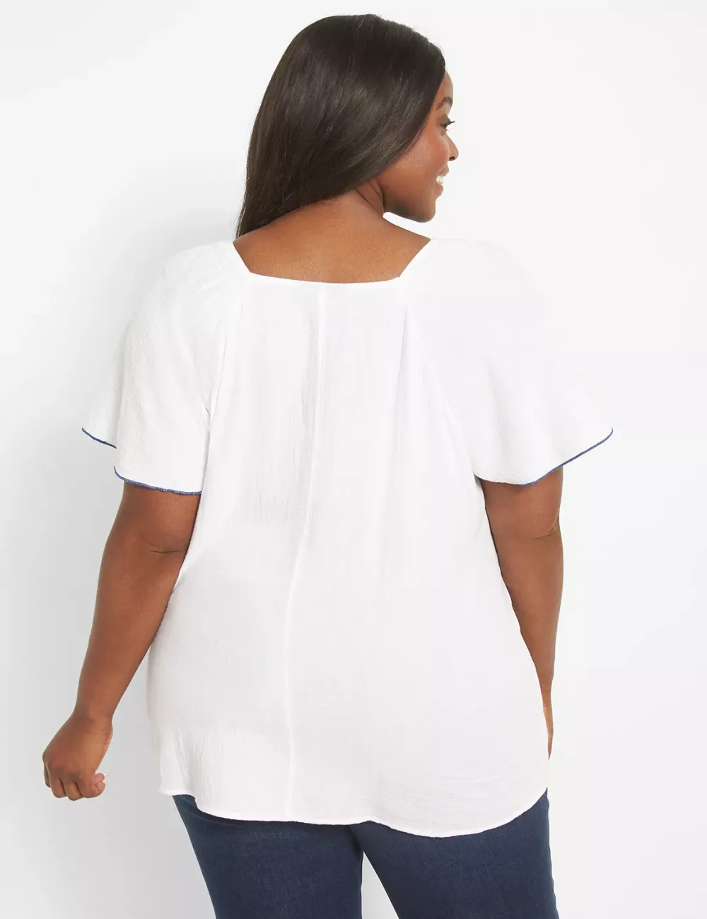 Classic Short-Sleeve Split-Neck Embroidered Top