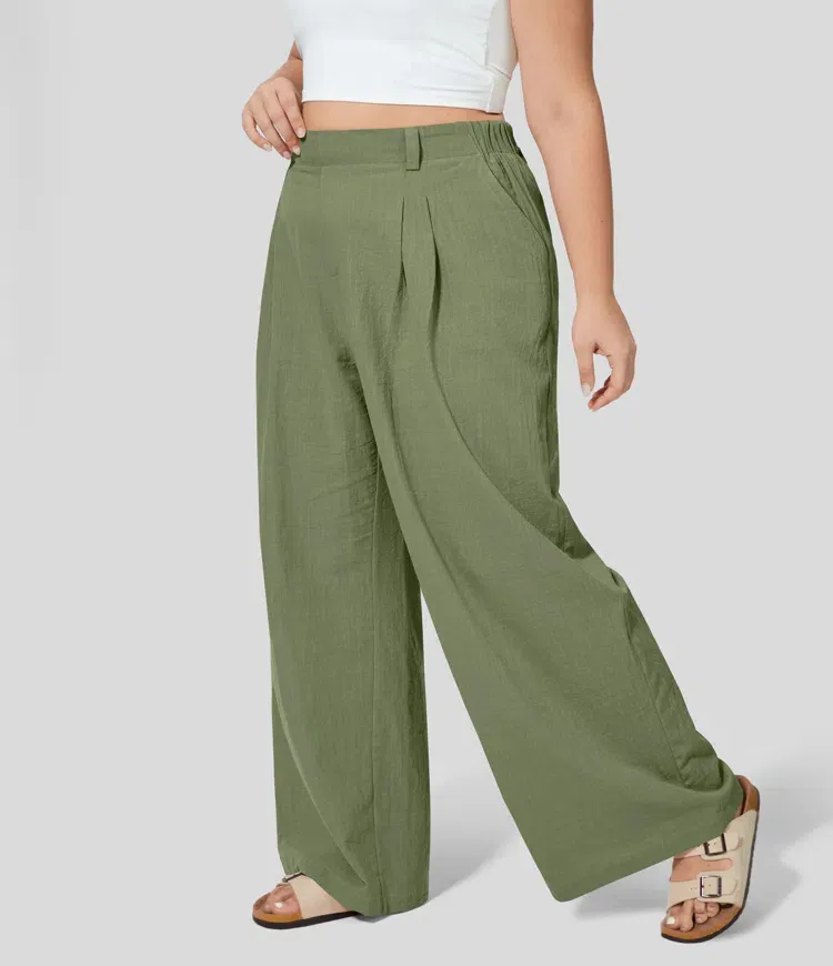 High Waisted Plicated Side Pocket Wide Leg Flowy Casual Plus Size Pants