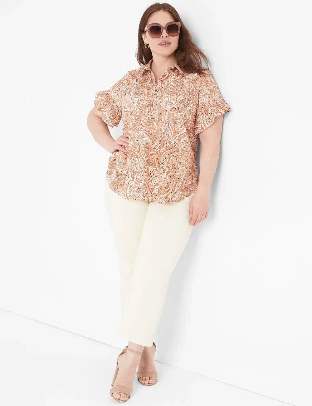 Ruffle-Sleeve Button-Down Top