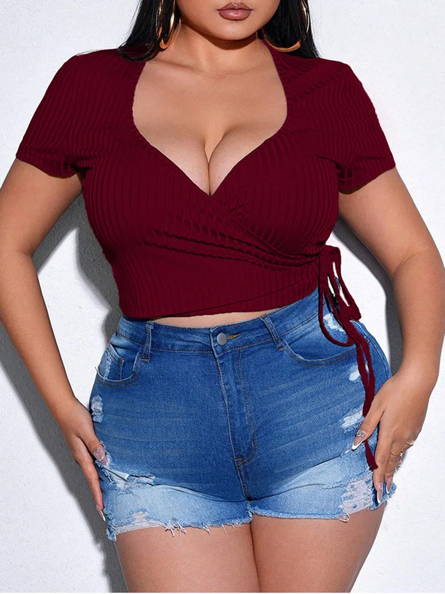 Surplice Neck Knot Side Crop Tee