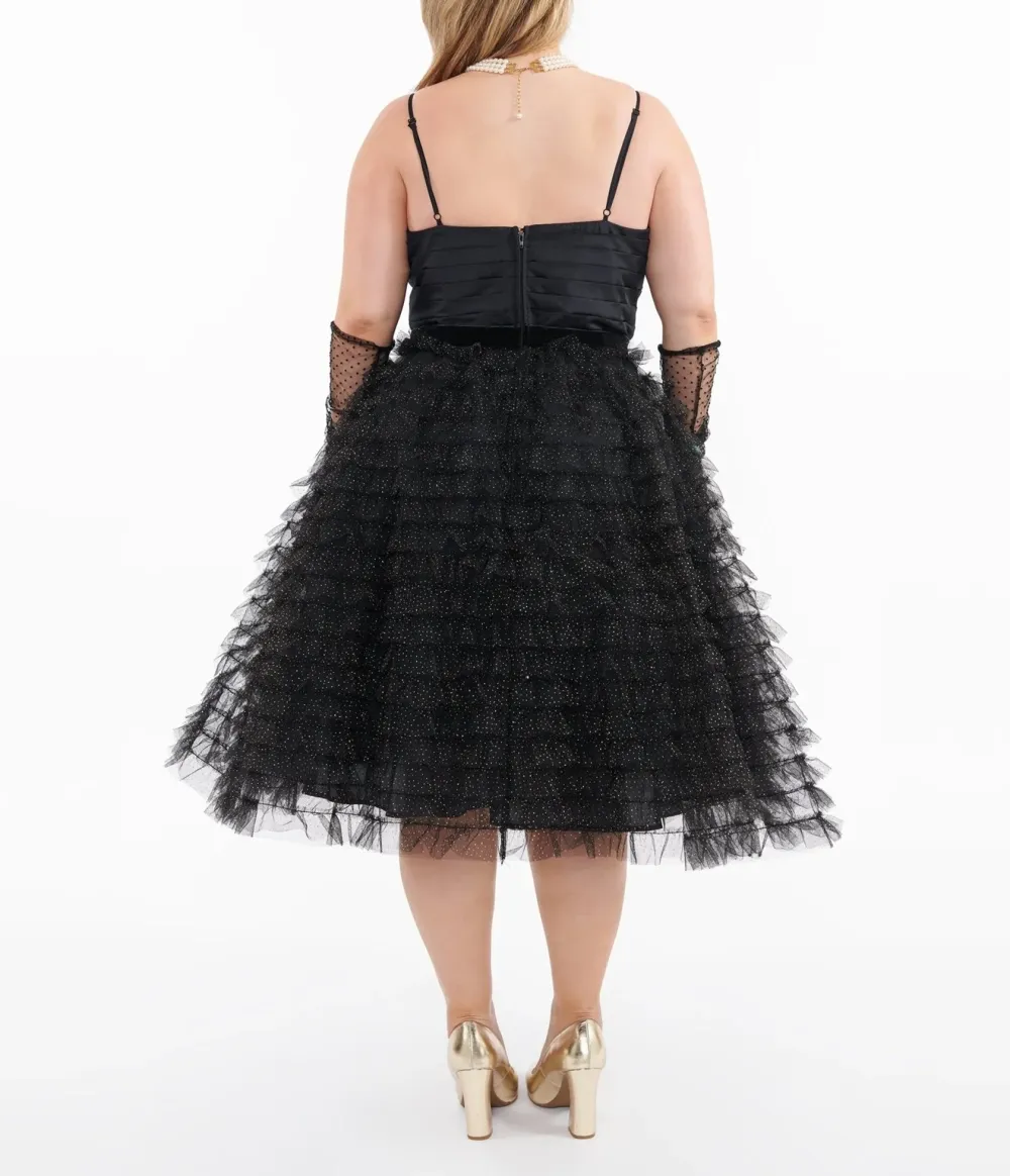 Unique Vintage Plus Size 1950s Black & Gold Glitter Tulle Cupcake Swing Dress