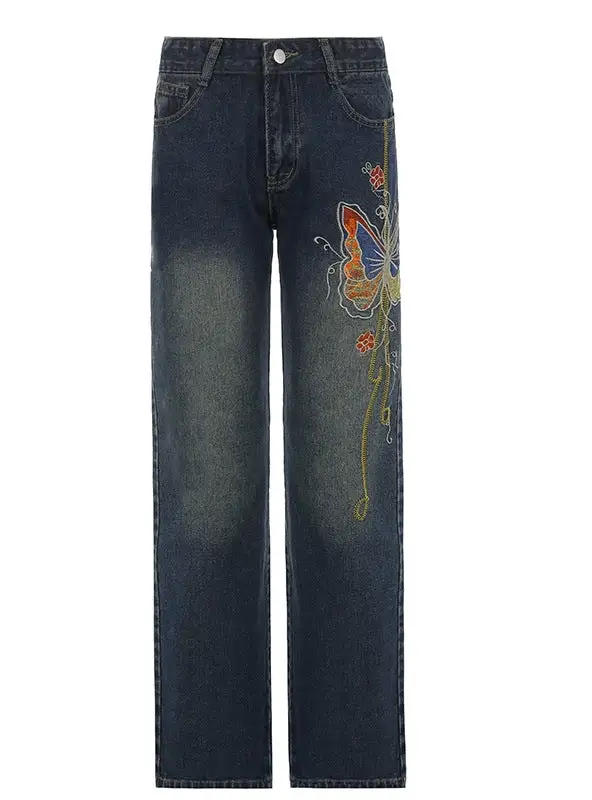 Retro Old Butterfly Embroidered Jeans