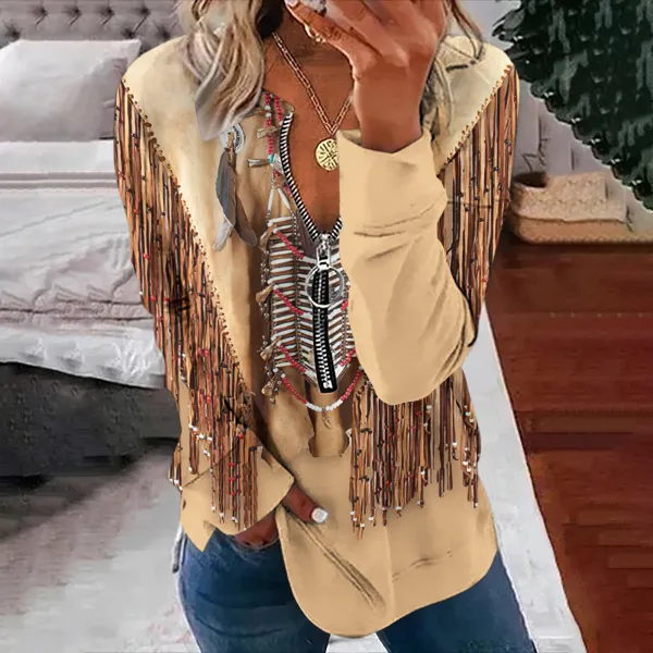 Women's Western Vintage Tassels Leather Art Zipper Casual Sweatshirt