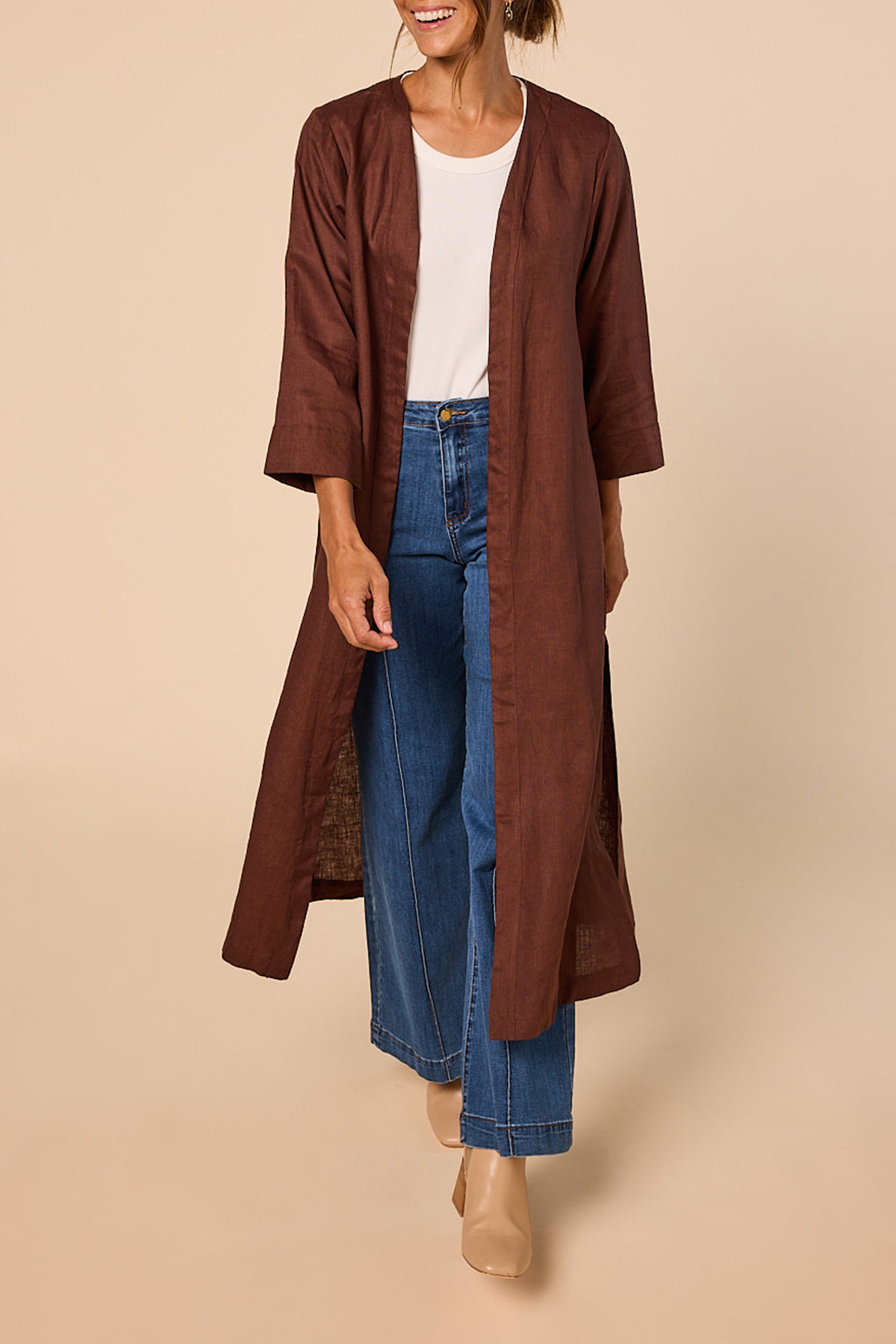 Long Line Linen Duster Jacket In Raisin