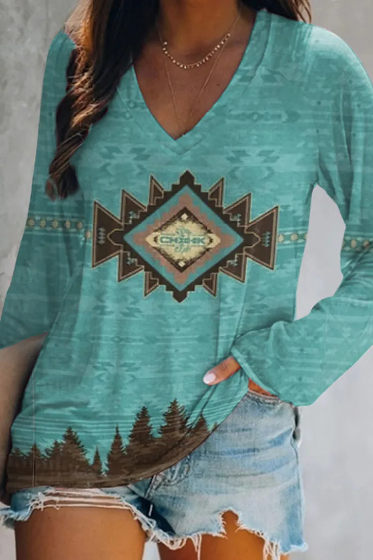 Western Print Long Sleeve Casual T-Shirt