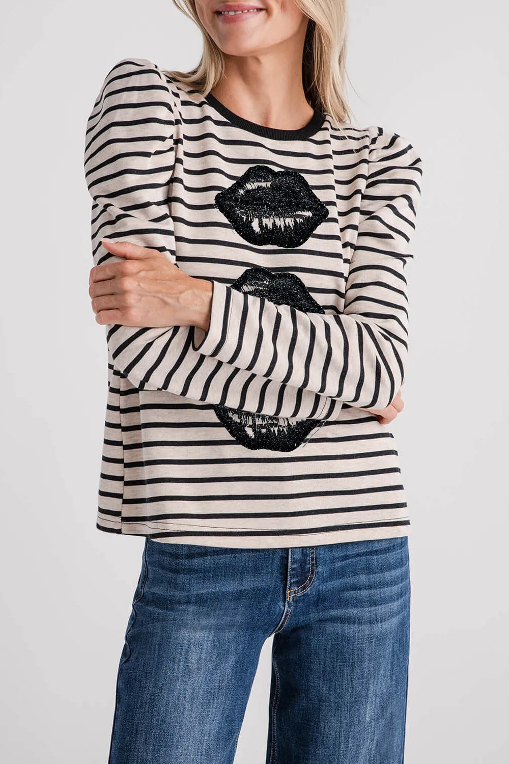 AnnieWear Stripe Puff Sleeve FrenchTerry Top - black/oatmeal