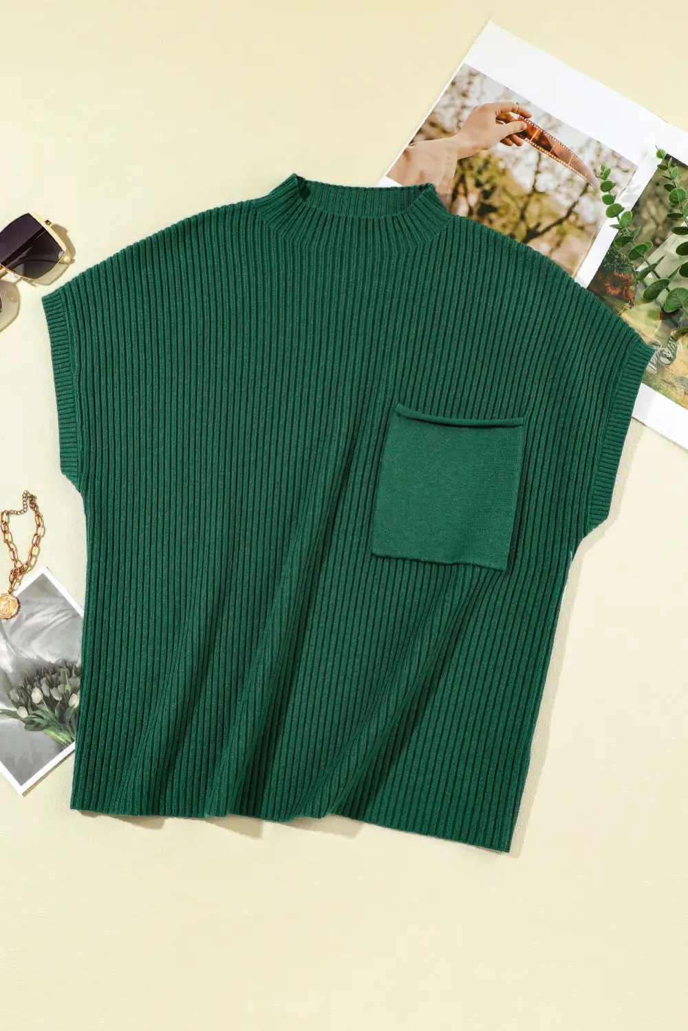 Patch Pocket Ribbed Knit Short Sleeve Sweater