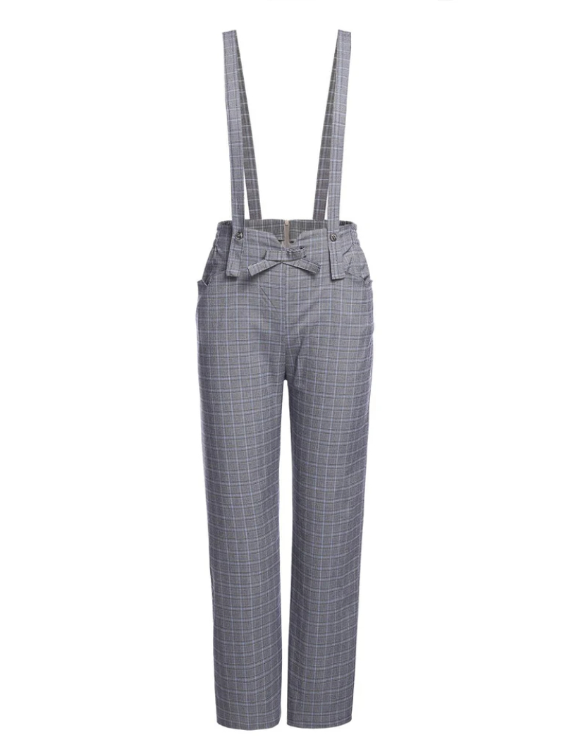 GRAY 1950S PLAIDS SUSPENDER PANTS