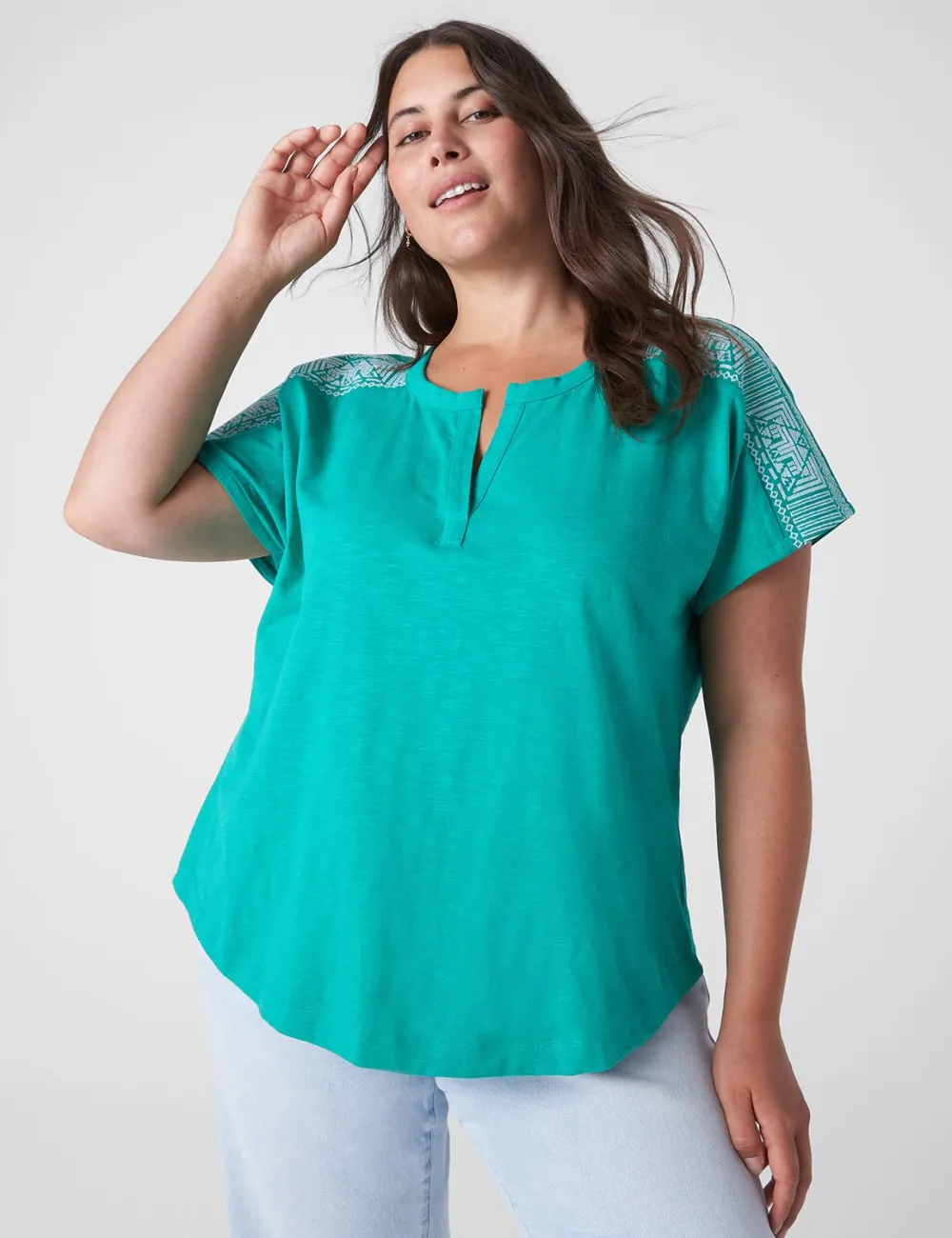 Notch-Neck Embroidered-Shoulder Tee