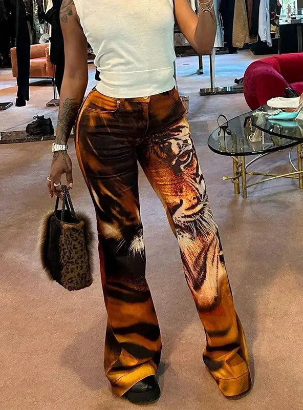 Printed Fake Pocket Slim Casual Pants