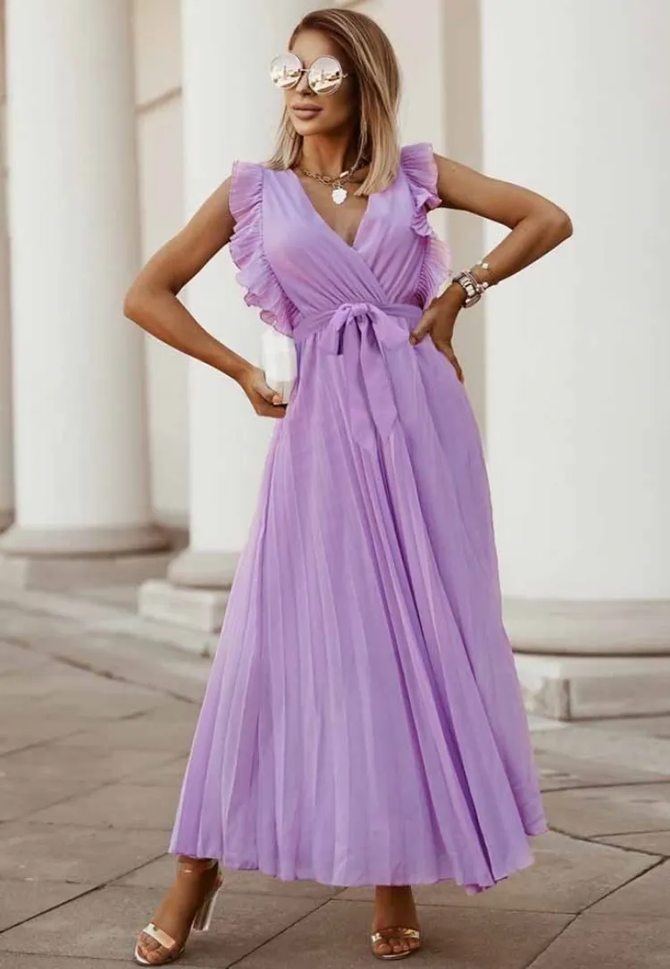 Women Summer Purple Sweet V-neck Sleeveless Solid Chiffon Belted Pleated Long Smock Dress