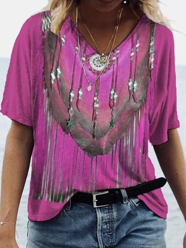 Western Leather Fringe Pattern V-Neck T-Shirt