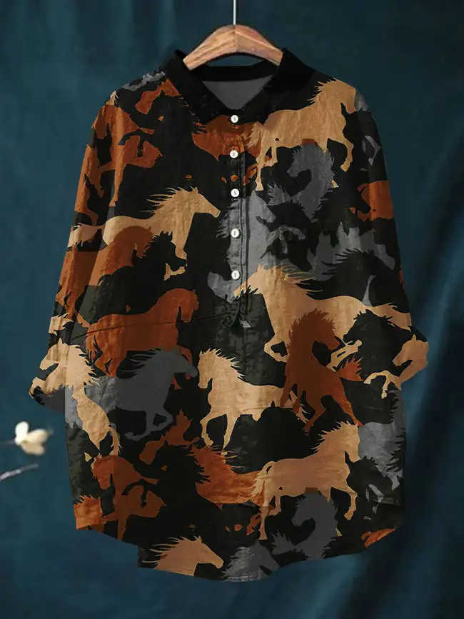 Women's Horse Art Print Casual Cotton and Linen Casual Shirt