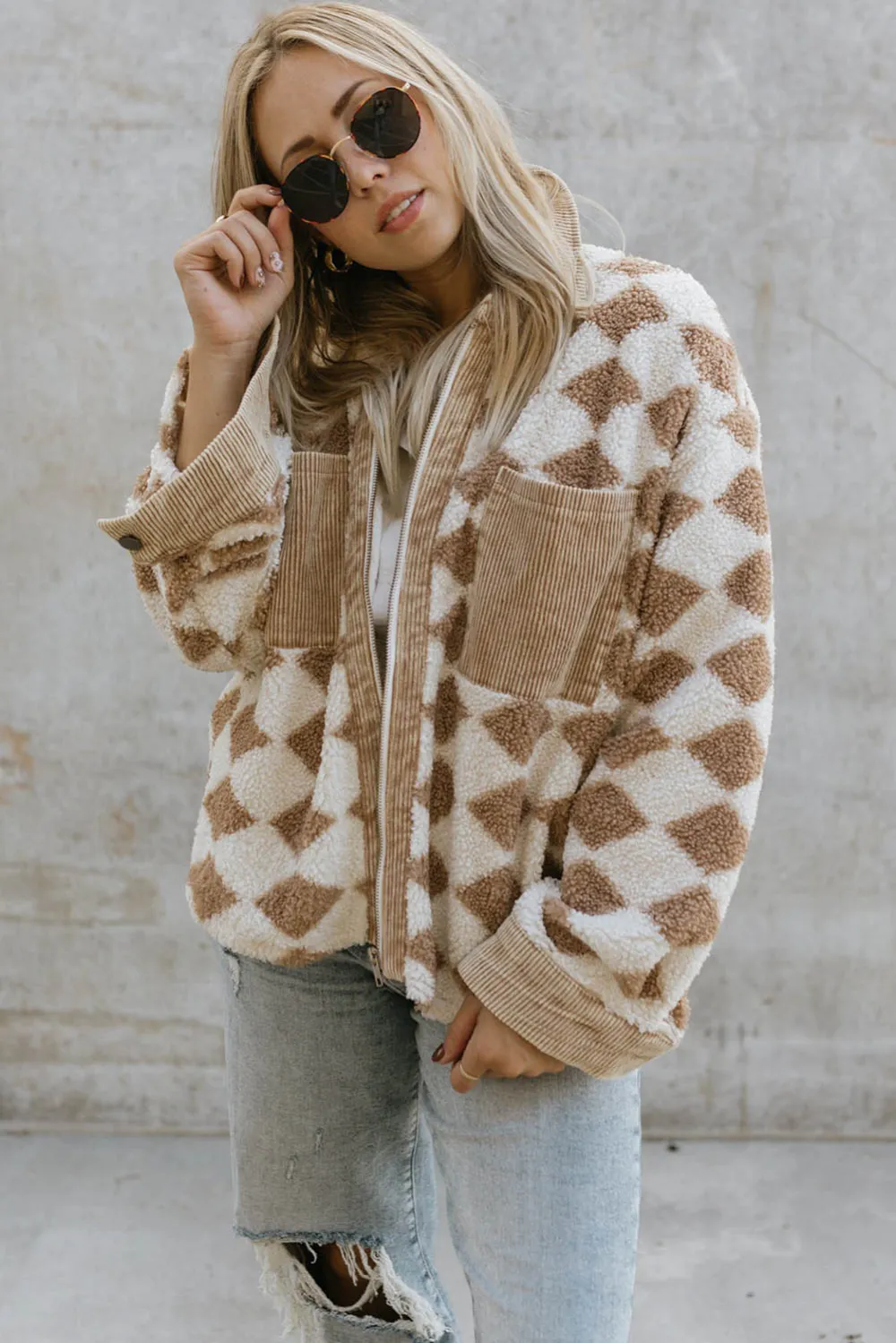 Apricot Geometric Pattern Corduroy Patch Pockets Sherpa Jacket