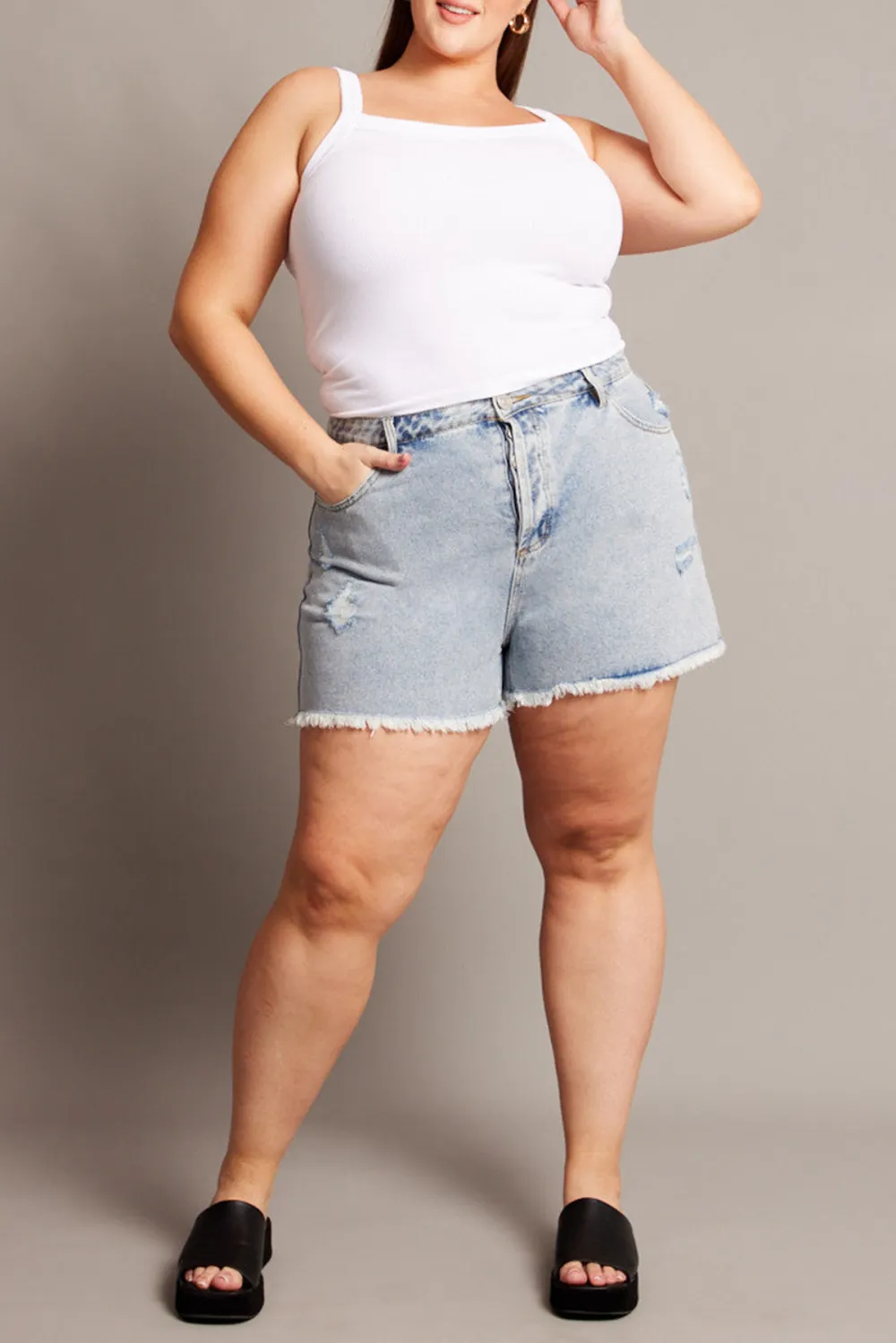 Denim Relaxed Shorts High Rise Distressed Hem