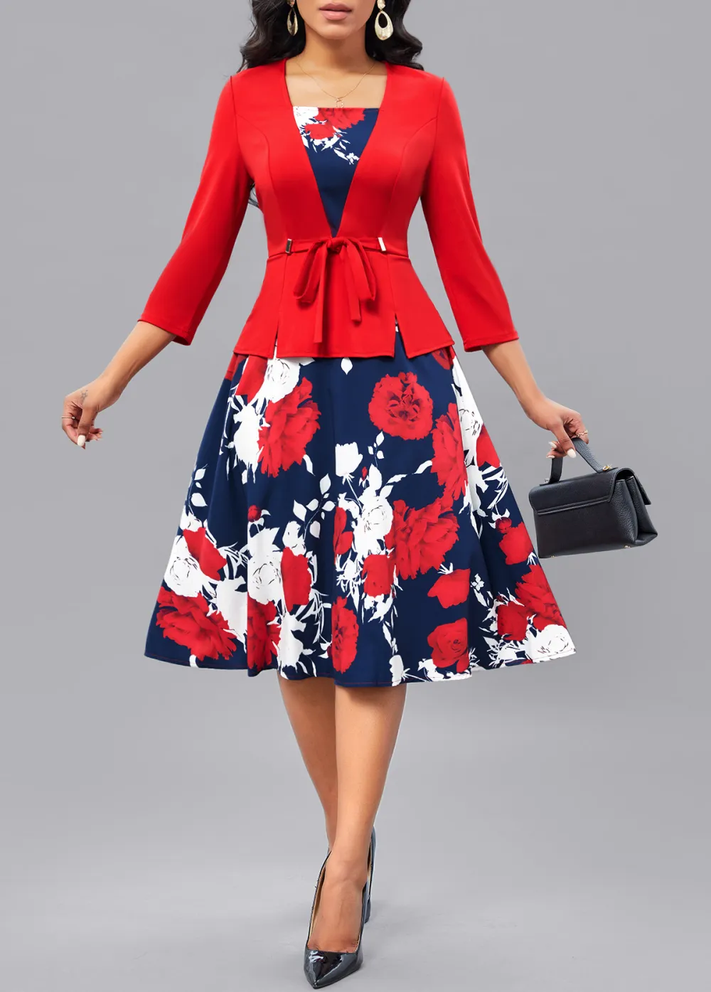 Floral Print Fake 2in1 Belted Red Square Neck Dress