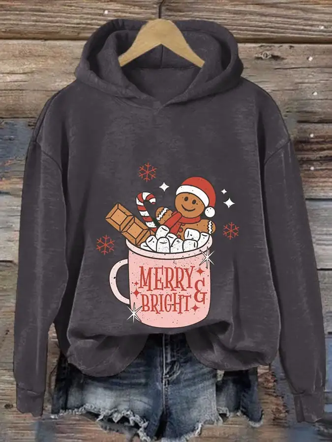 Women's Gingerbread Christmas Merry And Bright Print Casual Hooded