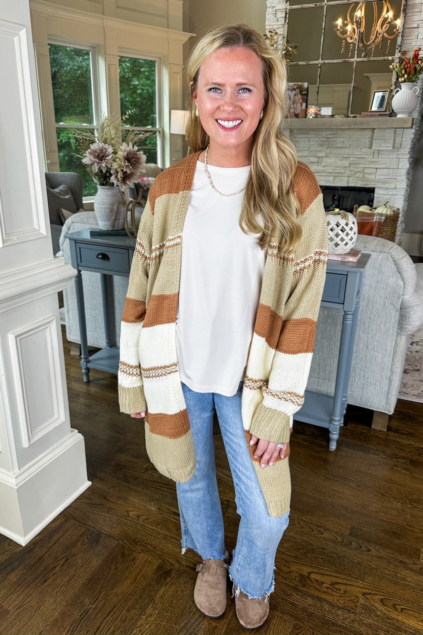 Chunky Striped Autumn Toned Knit Long Cardigan