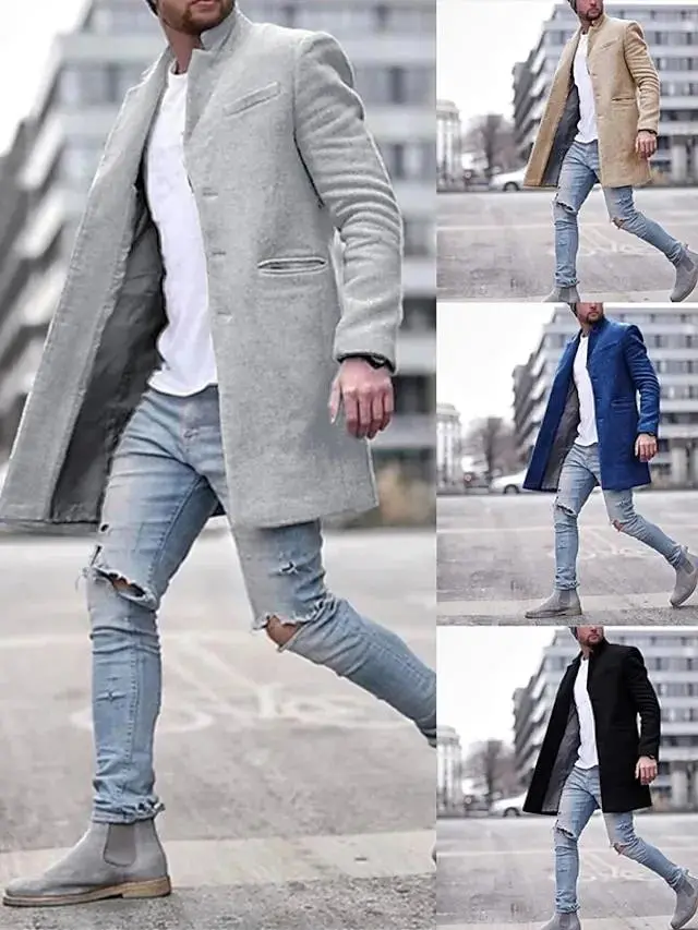 Men's Winter Coat Overcoat Trench Coat Short Coat Overcoat Work Business Winter Polyester Warm Outerwear Clothing Apparel Solid Colored Classic Style Notch lapel collar