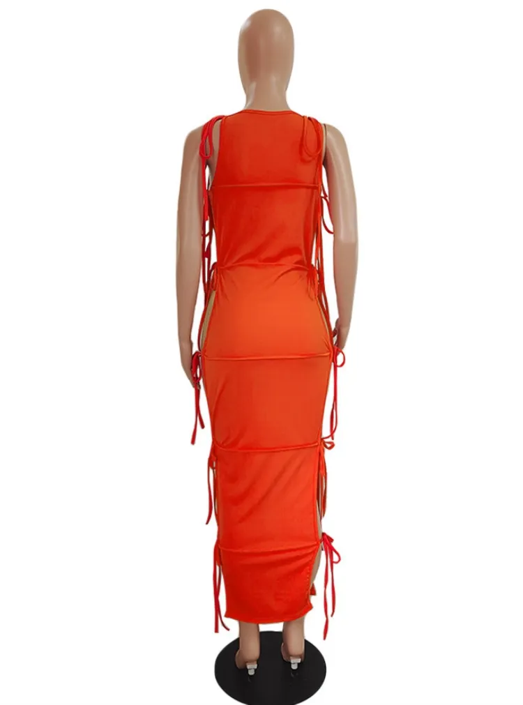 Women Summer Orange Sexy O-Neck Sleeveless Solid Lace Up Maxi Straight Plus Size Long Dress