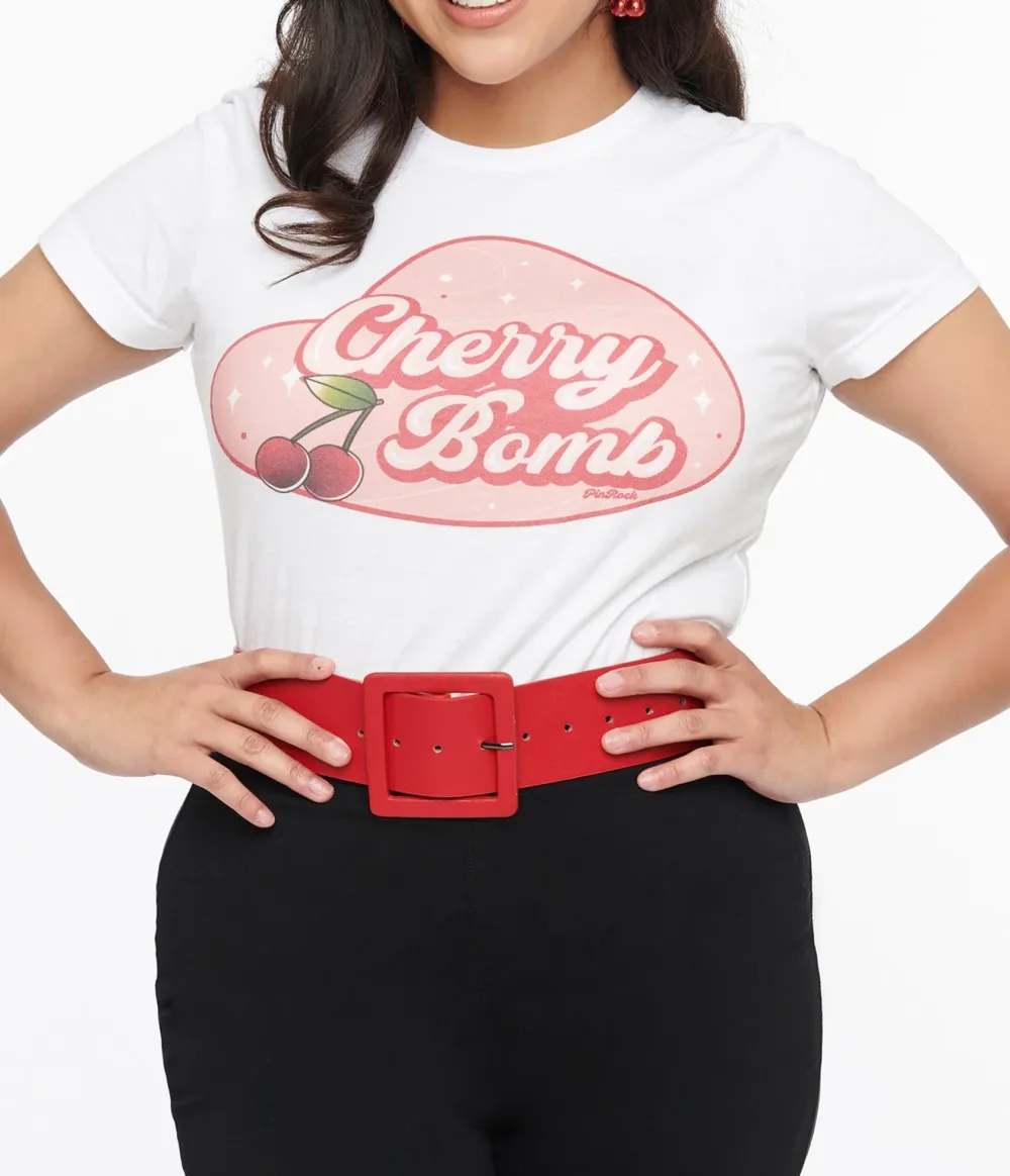 1950s White And Red Cherry Bomb Fitted Graphic Tee