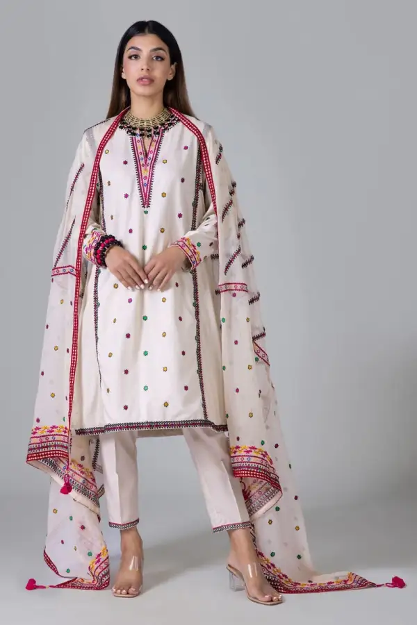 3 Piece Kurta Embroidered | Dupatta& Bottom & Tops | Color Coral