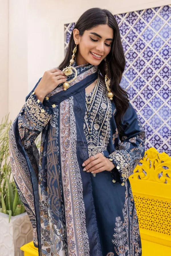 3 Piece Kurta Embroidered | Dupatta& Bottom & Tops | Color Dark blue