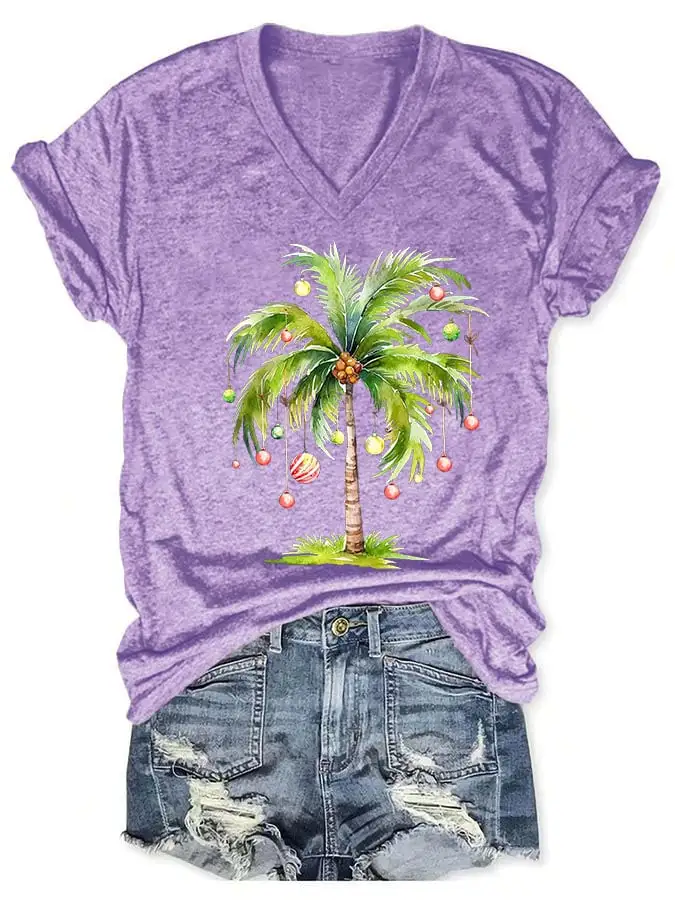 Women's Casual Christmas Palm Tree Printed Short Sleeve T-Shirt