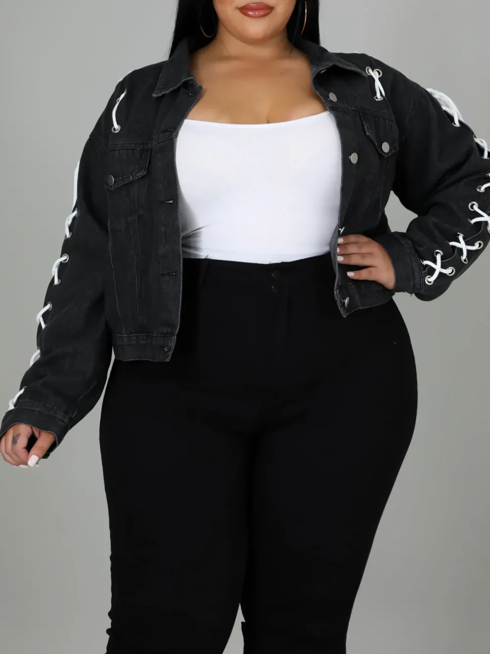 Plus-Size Fashion Women'S Lace-Up Denim Jacket