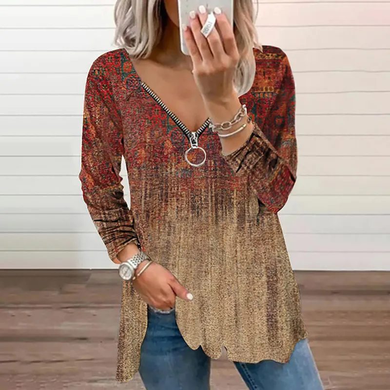 Vintage Print V-Neck Zip Long Sleeve T-Shirt