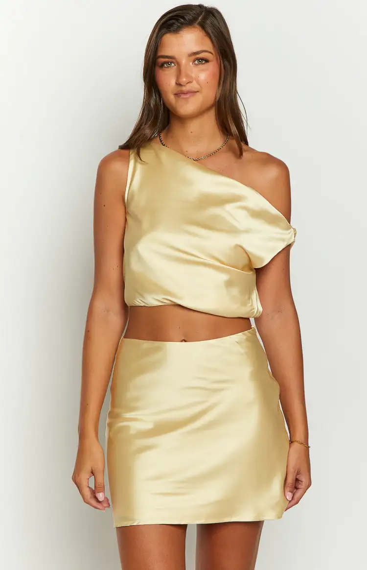 Scotlyn Yellow Satin Off The Shoulder Crop Top