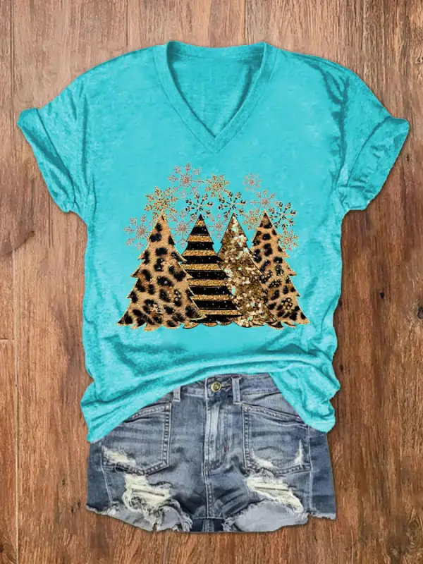 Women's Leopard   Tree Print V-Neck T-Shirt