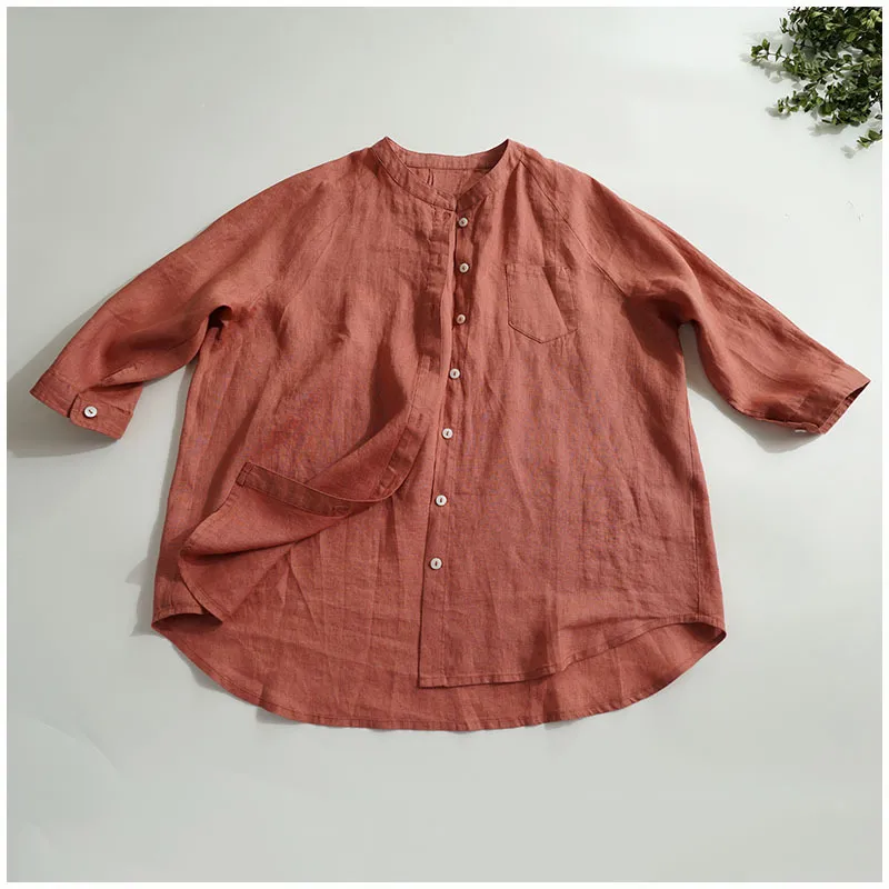 Stand collar 3/4 sleeve cotton linen shirt