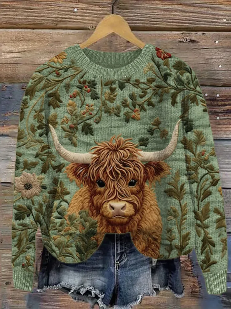 Highland Cow Floral Embroidery Cozy Knit Sweater