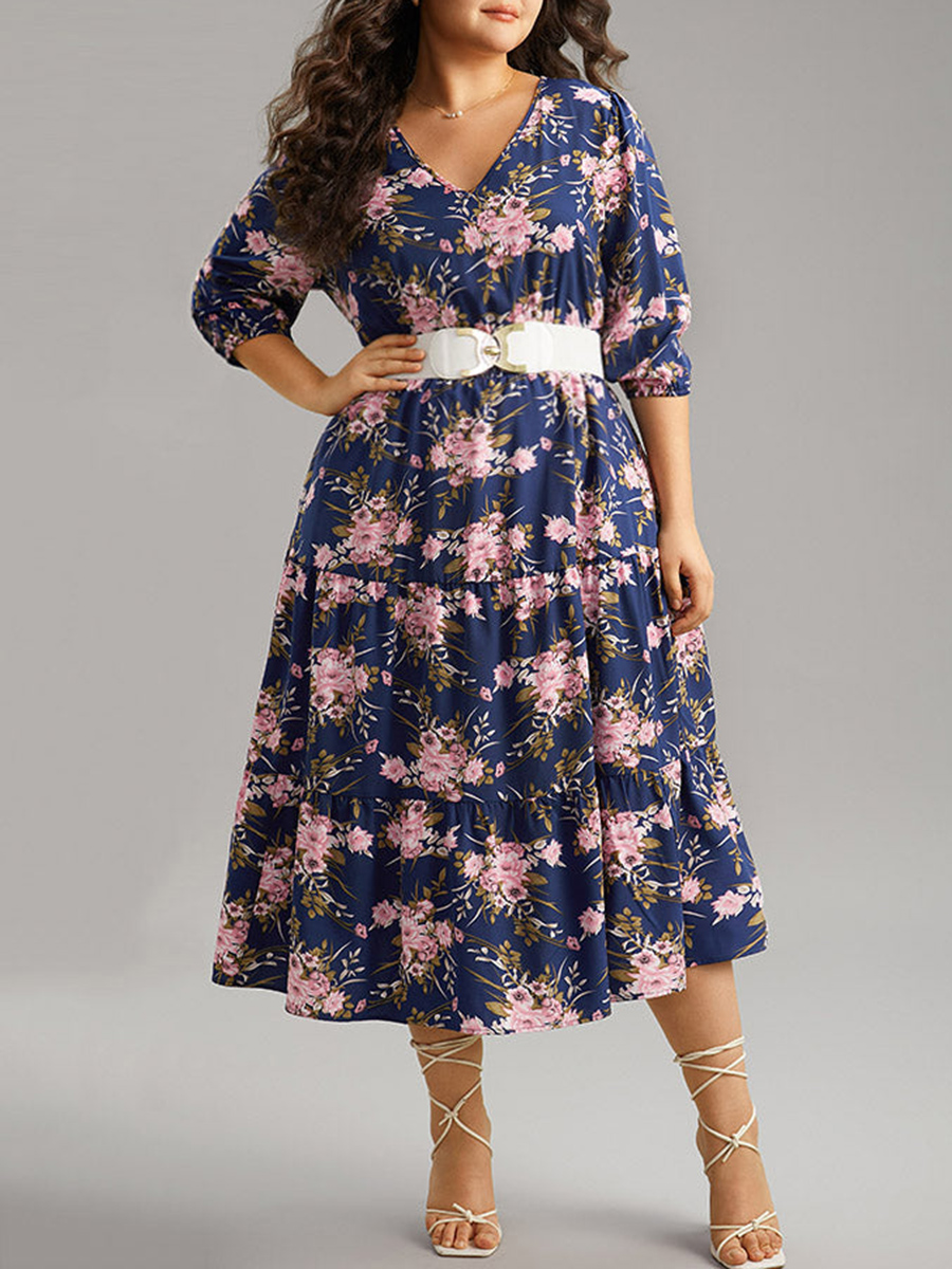 Elegant senior waist V-neck floral dress