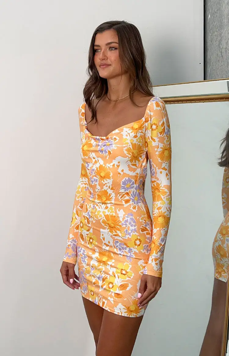 Ashi Orange Floral Long Sleeve Mini Dress