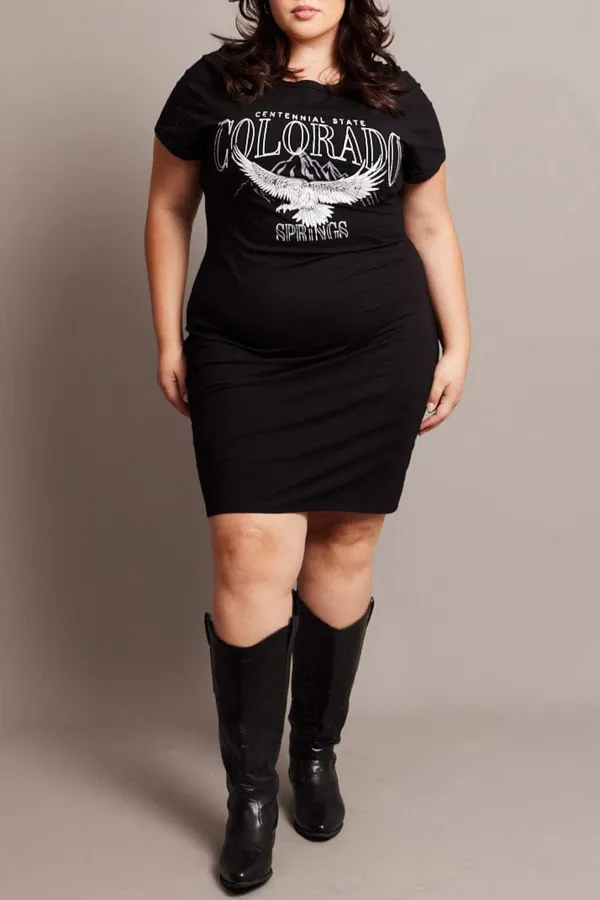 Black Graphic Dress Short Sleeve Crew Neck