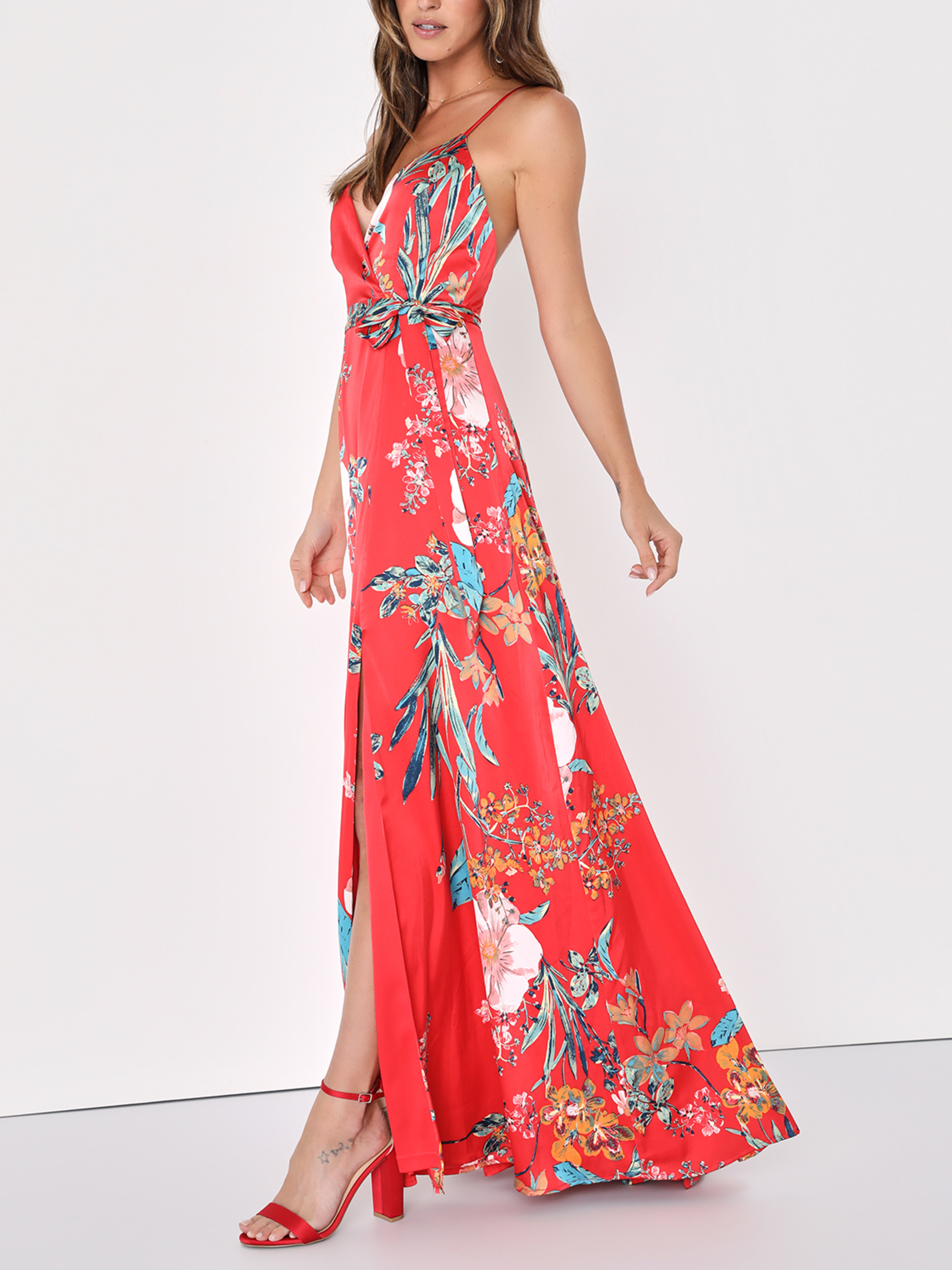 Still the One Red Floral Print Satin Maxi Dress