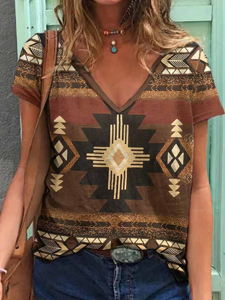 Vintage Western Geometric Print V-Neck Casual T-Shirt