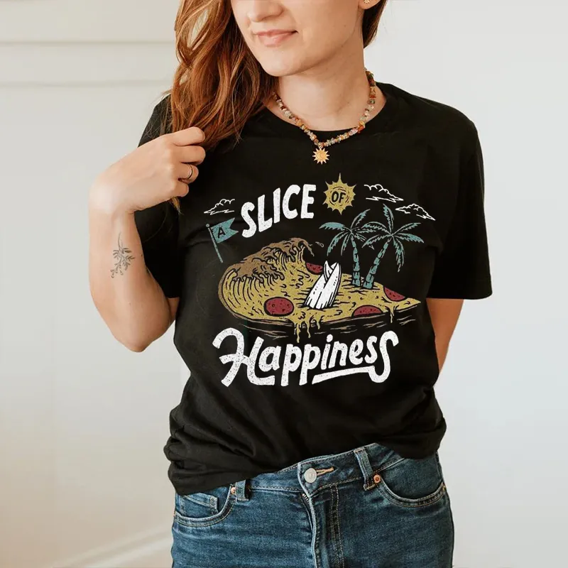 Women's Funny A Slice of Happiness Funny Pattern Printed Tee