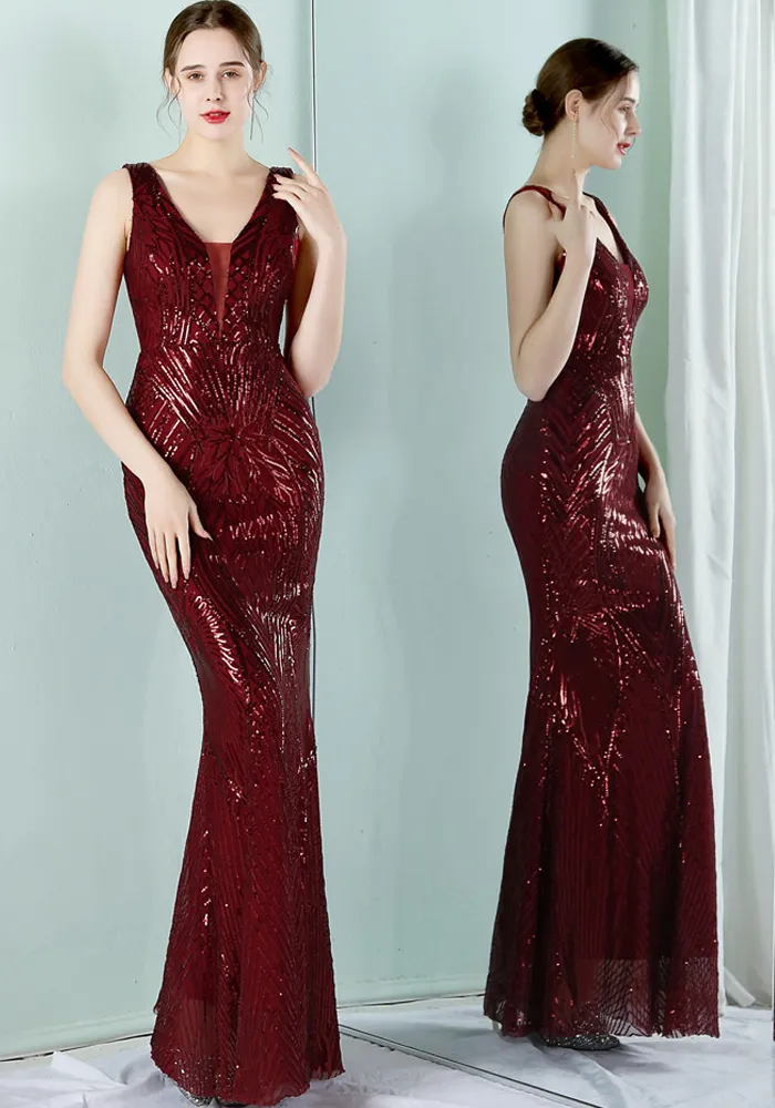 Women Summer Burgunry Formal V-neck Sleeveless Patchwork Sequined Mermaid Evening Dress