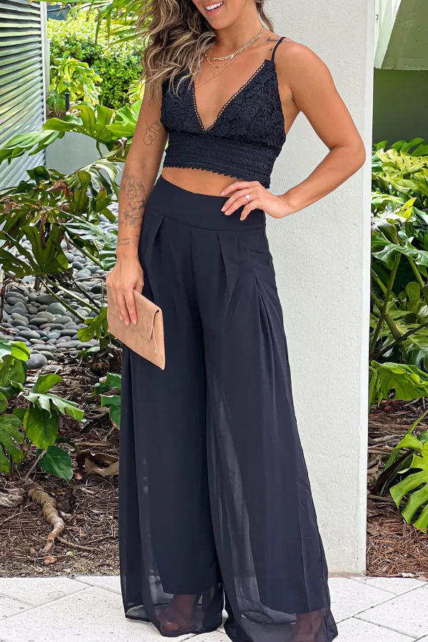 Black Crochet Criss Cross Top And Palazzo Pants Set