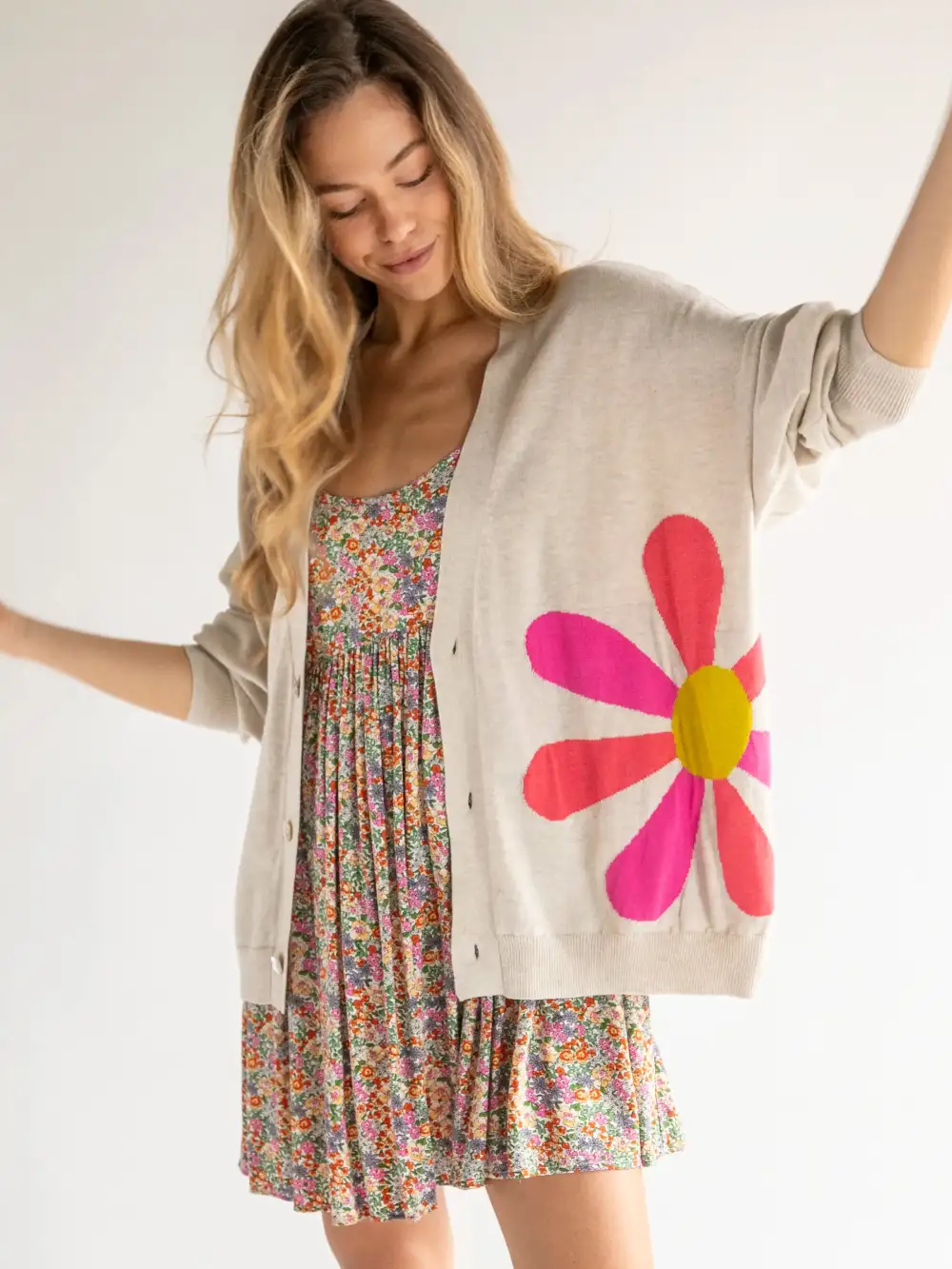 Live Happy Cotton Cardigan Sweater - Cream Daisy