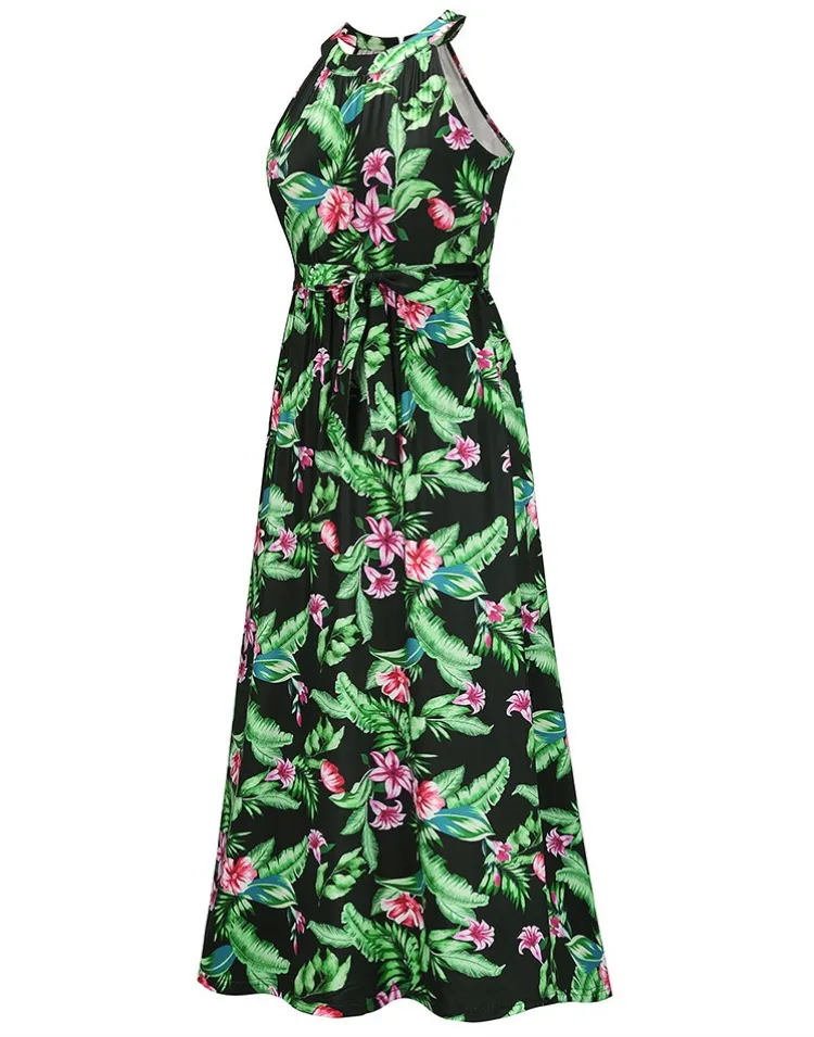 Women Summer Printed Romantic O-Neck Sleeveless Floral Print Beach Maxi Dress