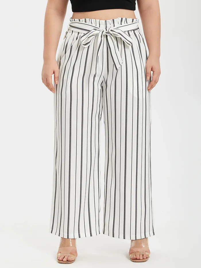 Stripe Wide Leg Belted Pants